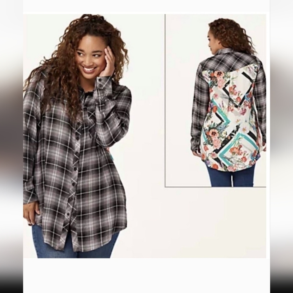 Tolani Collection Black/Purpish Grey Plaid Front - Design Back Shirt